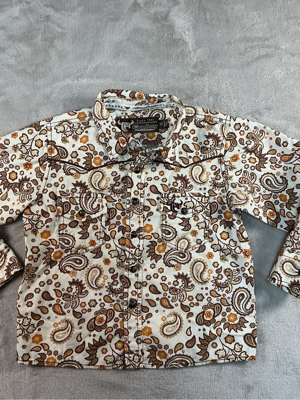 Cowboy Hardware Boy Toddler White Brown Paisley Pearl Snap Button Western Rodeo